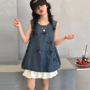 女童套装夏装儿童牛仔裙蝴蝶结花苞洋气韩版中大童短裙两件套潮衣