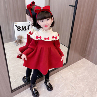 女童连衣裙儿童秋冬季 拜年服 假两件童装 女宝宝公主裙红色新年长袖