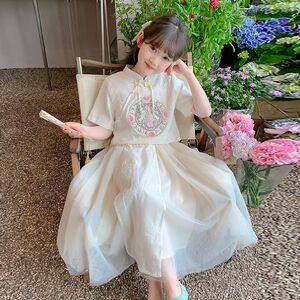 女童古风刺绣套装裙2025新款夏女孩新中式汉服纱裙两件套儿童唐装