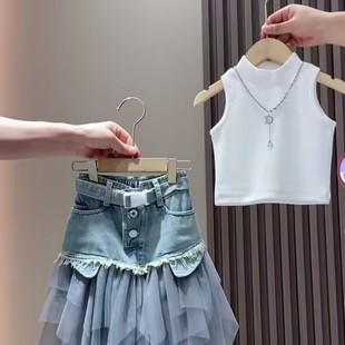 女童套装夏装2025新款儿童洋气韩版女宝宝背心网纱牛仔裙两件套裙