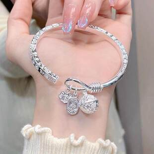 正品足银999吉言盘缠纯银手镯平安喜乐开口镯子送女朋友礼物