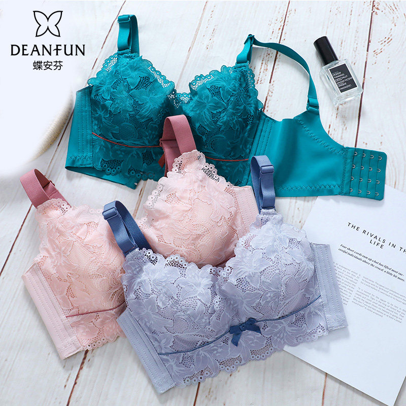 蝶安芬春季文胸全罩杯v型蕾丝边纯色女士内衣无钢圈侧收胸罩甜美