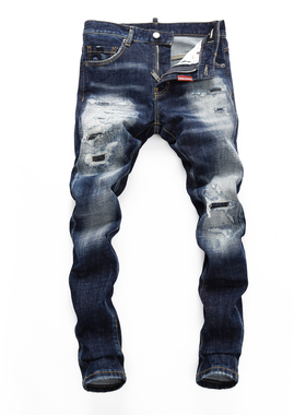 2023秋冬新款破洞小脚修身男士蓝色潮夜店港风乞丐紧身高品质DSQ2