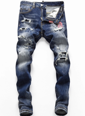 2023秋冬新款破洞小脚修身男士蓝色潮夜店港风乞丐紧身高品质DSQ2