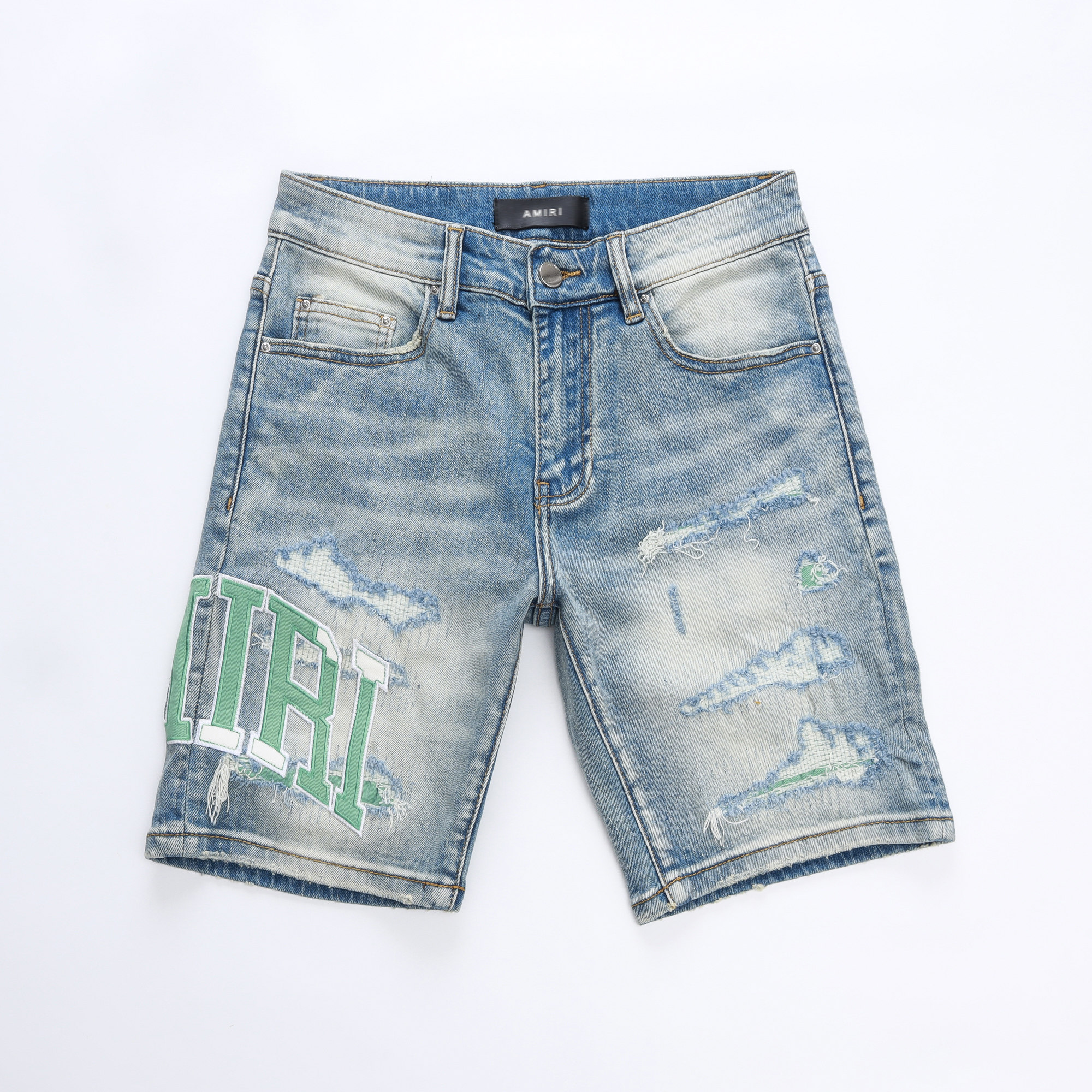 2025春夏新款破洞破洞泼墨男士黑色潮港风乞丐品质AM牛仔短裤五分