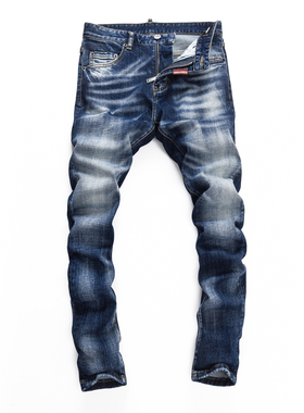 2026DSQ新款破洞修身破洞泼墨刀割港风蓝色紧身高D2广州牛仔裤男