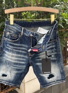 2026春夏新款破洞破洞男士蓝色潮港风乞丐品质DSQ2牛仔五分短裤