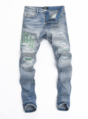 2025四季新款破洞小脚修身男士黑色潮夜店港风乞丐紧身高品质MAIR