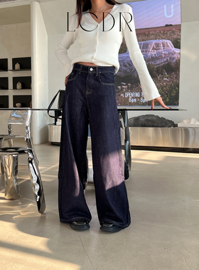 LCDR 百搭深蓝色牛仔阔腿拖地裤复古色系百搭显瘦日常出行出片