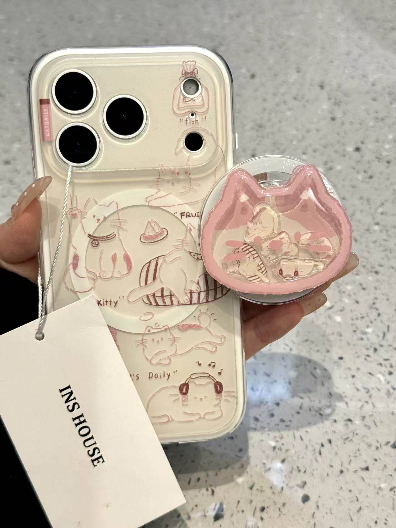 西多士卡通耳机粉线条慵懒猫咪适用iphone17promax苹果16pro手机壳14p13