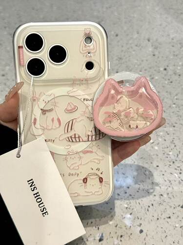 西多士卡通耳机粉线条慵懒猫咪适用iphone17promax苹果16pro手机壳14p13