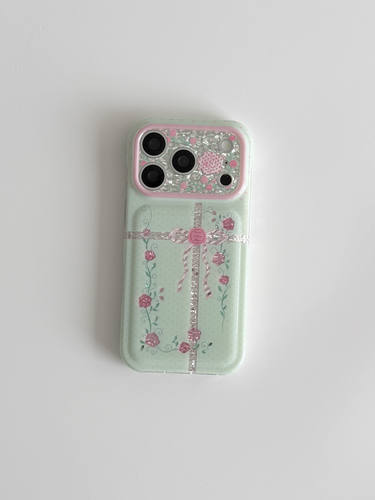 西多士亮面薄荷绿底玫瑰礼盒插画适用苹果18Pro Max17/16手机壳15