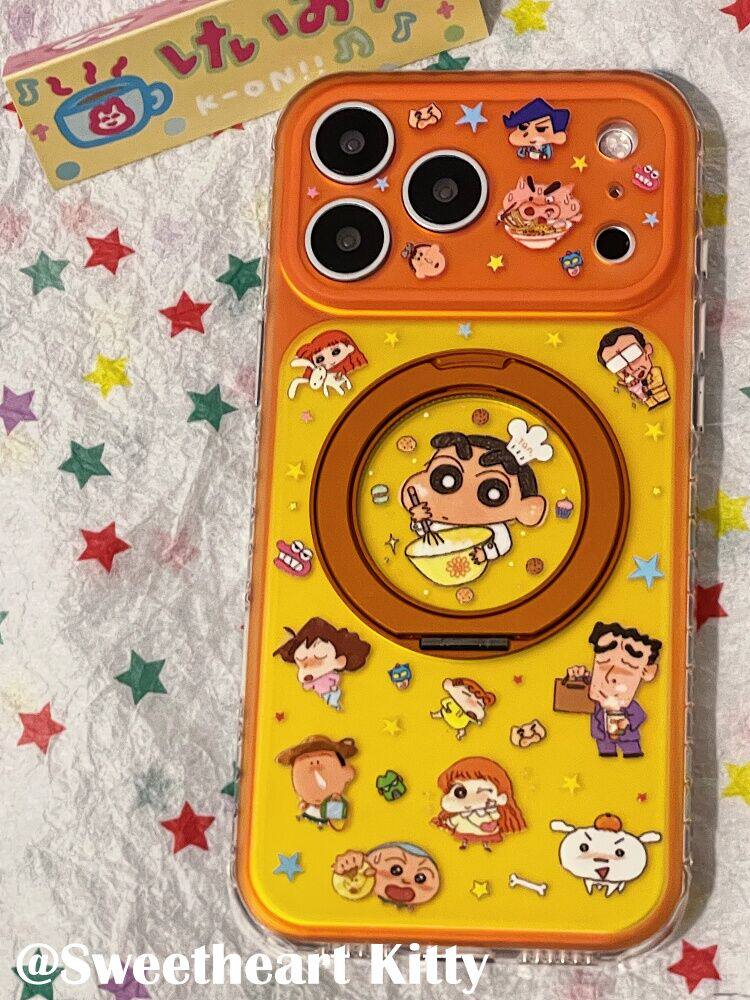 西多士镭射橙黄色蜡笔小新旋转支架适用iphone17promax苹果16手机壳15女