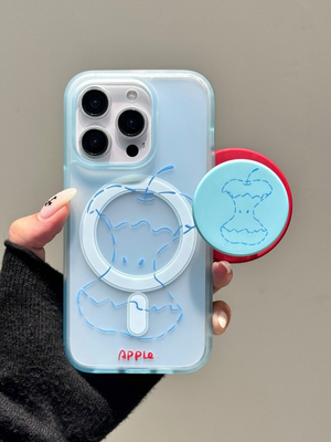 西多士雾霾蓝线条苹果核适用iphone16pro磨砂15磁吸14支架13韩系手机壳17