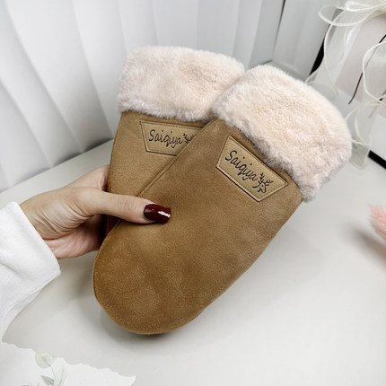 麂皮绒手套女冬季包指棉保暖可爱学生男连指挂脖骑车加绒加厚防风