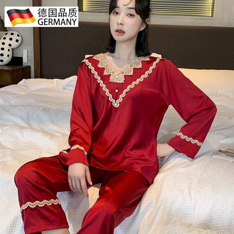 红色睡衣女士春秋款冰丝长袖套头
