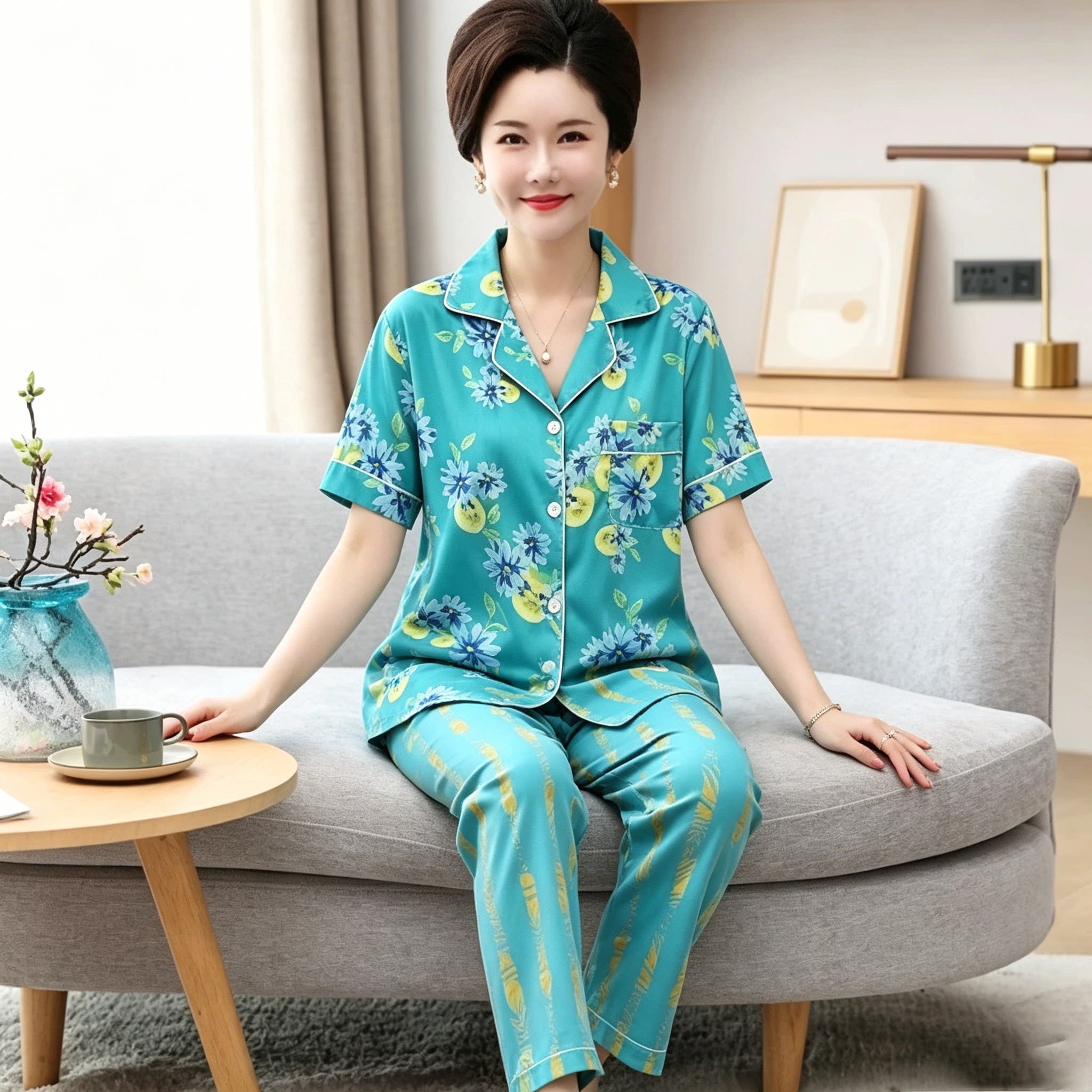 高档冰丝睡衣女夏套装