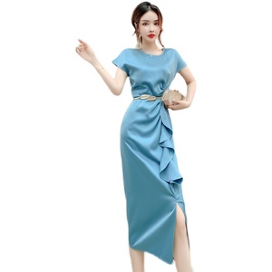 RM19528#夏新款气质女神范优雅礼服裙子收腰荷叶边显瘦缎面连衣裙