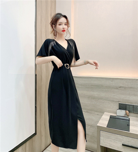 RM10151#时尚洋气设计感V领流苏拼接收腰开叉气质优雅礼服连衣裙