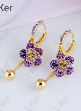 【紫玫瑰】法式经典紫色满钻花朵耳环优雅女士时尚感气质耳坠1503