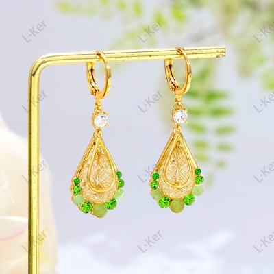春意盎然法式经典满钻绿色温柔水滴流苏时尚设计百搭轻奢耳环1336