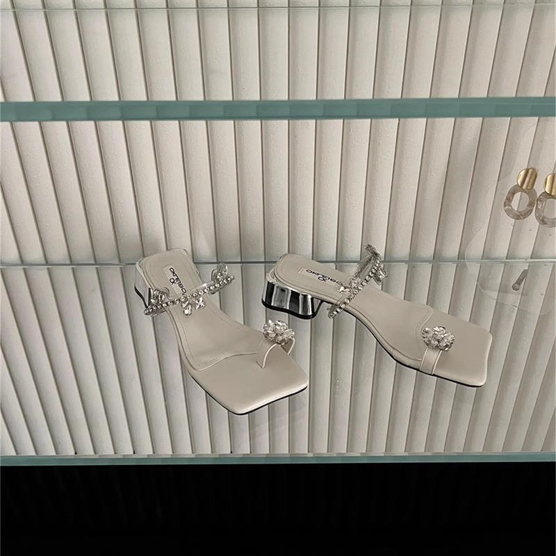 FRENCH EVENING BREEZE SLIPPERS SUMMER 2024 NEW FASHION RHINESTONE SANDALS BLOCK HEEL CLIP FLIP-FLOPS