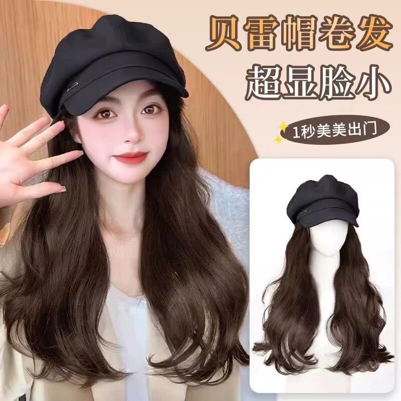 帽子假发女秋季复古英伦风八角贝雷帽一体半头套长卷发水波纹现货