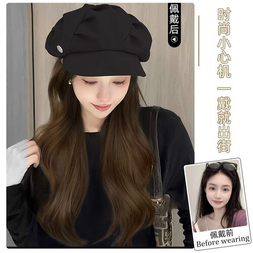 帽子假发一体女长卷发褶皱云朵鸭