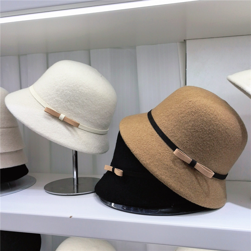 赫本风羊毛呢盆帽秋冬季女款撞色小蝴蝶结渔夫帽优雅气质小香帽子
