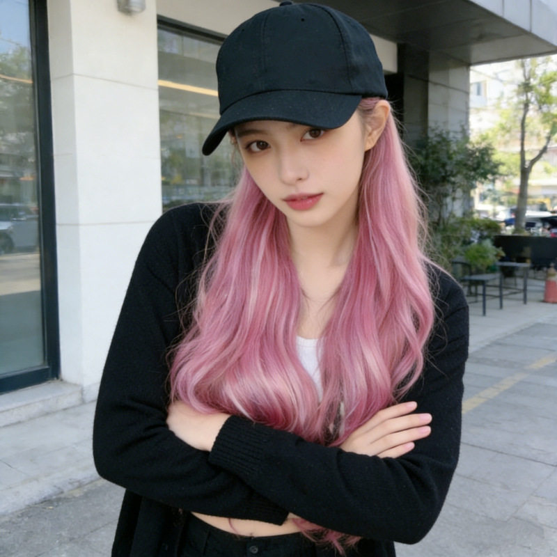 春秋新品帽子假发女彩色长卷发仿真全头套式修脸鸭舌帽子假发现货