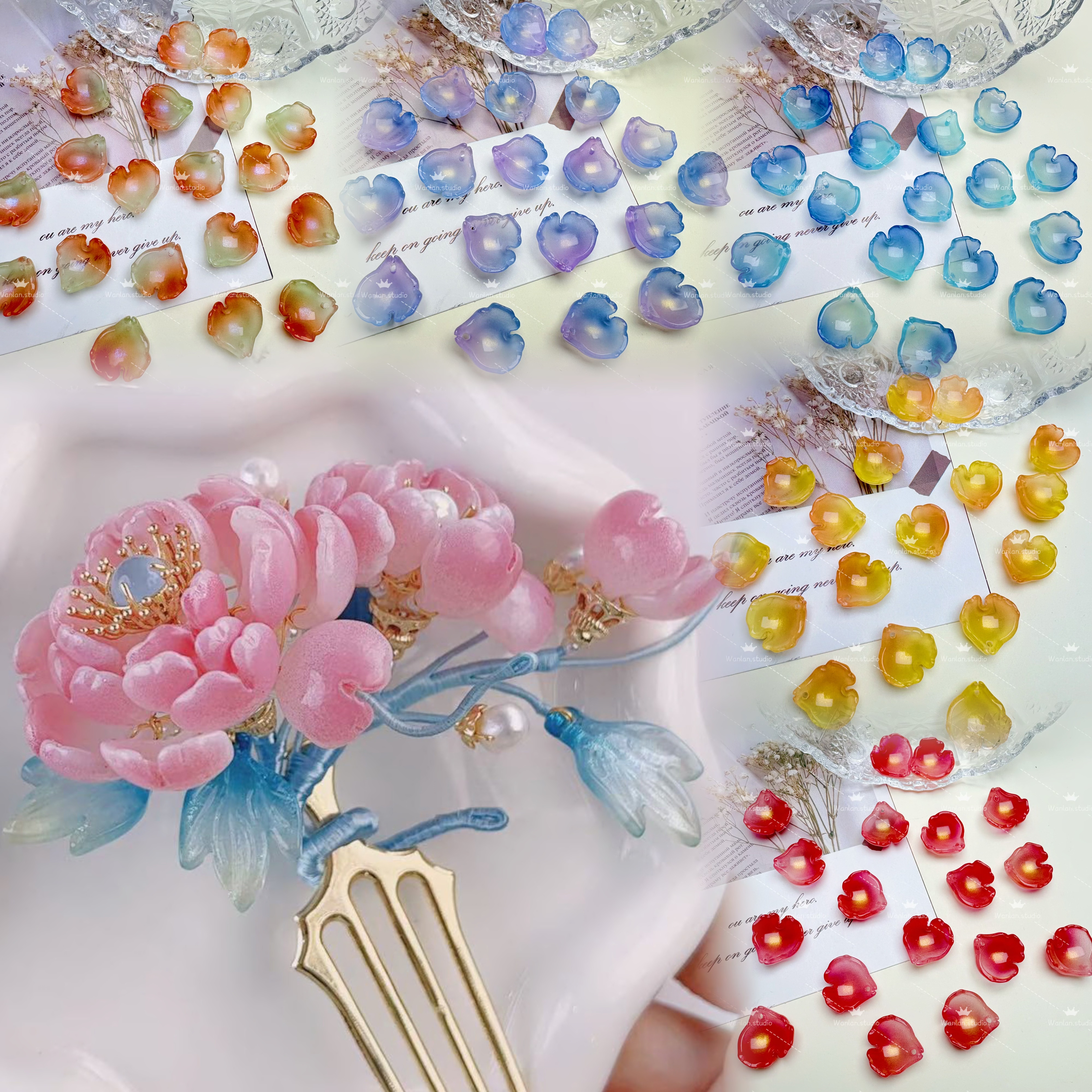 50颗立体芍药花瓣琉璃16x16mmDIY古风汉服头饰手工发簪材料图片