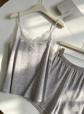 JJ28210碎花吊带短裤睡衣轻奢睡衣家居服夏款蕾丝花边亲肤高级感