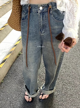 复古水洗牛仔裤可调节春款2023新款阔腿爆款高腰遮肉显瘦套休闲韩