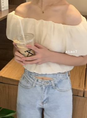 泡泡袖t恤一字肩两穿短上衣女夏2022韩国东大门新法式别致ins网红