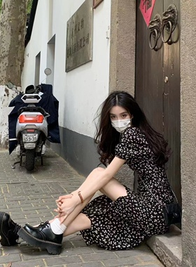 rose风碎花连衣裙女雪纺短袖方领开叉茶歇裙子夏韩高级感ins网红