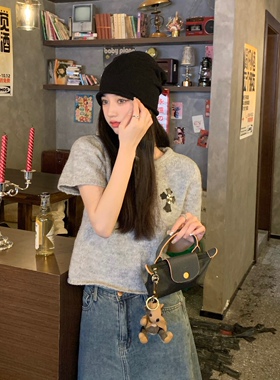 十字架马海毛短袖毛衣女2022新款春高级感灰色打底针织衫上衣ins