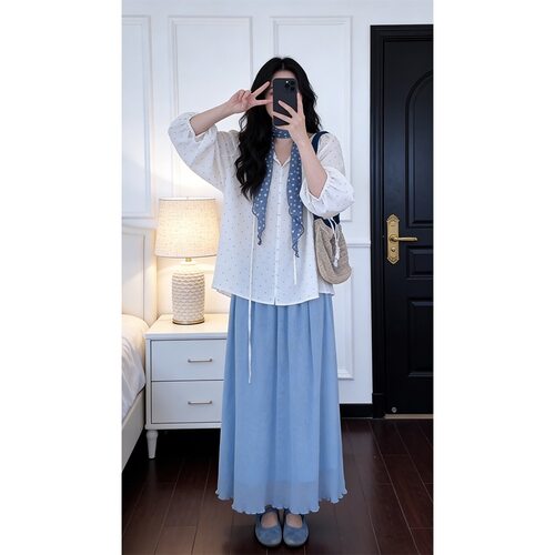 实价有货夏季清透感白色V领宽松波点衬衫绝美漂亮A字半身长裙套装