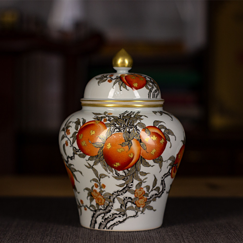 归舟陶瓷茶叶罐手绘瓷器茶具储物罐密封罐九桃五福将军罐中式宫廷