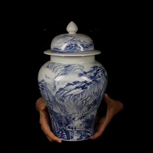 王正珺手绘青花瓷茶具茶叶罐复古山水画密封罐大容量储茶罐将军罐