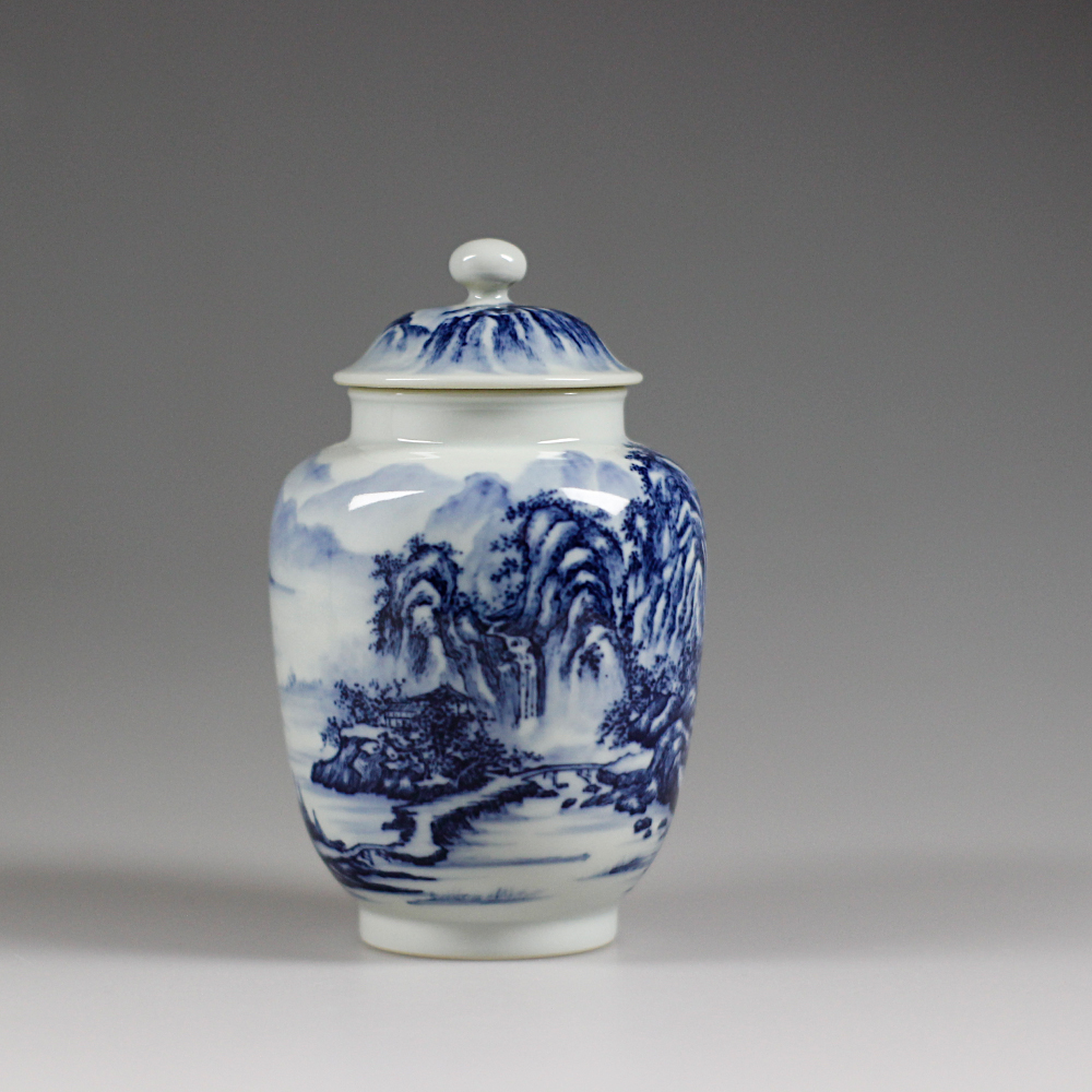 新中式青花瓷器山水画茶叶罐柴窑