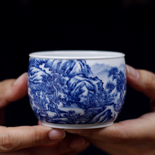 王正珺柴窑青花山水茶具茶杯陶瓷缸杯景德镇品茗杯茶器家用茶具