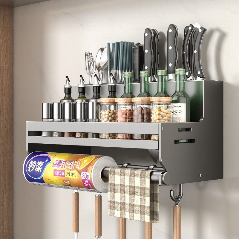 厨房置物架免打孔不锈钢家用壁挂式调味料筷子刀架用品大全收纳架