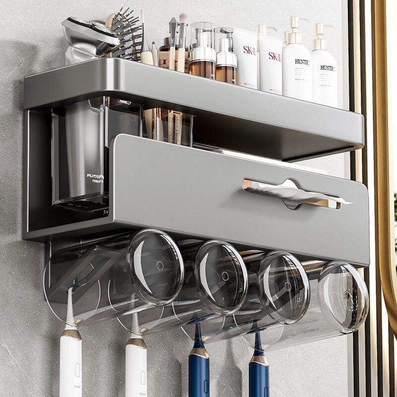 牙刷置物架卫生间免打孔漱口杯牙具纸巾收纳架家用浴室洗漱台收纳