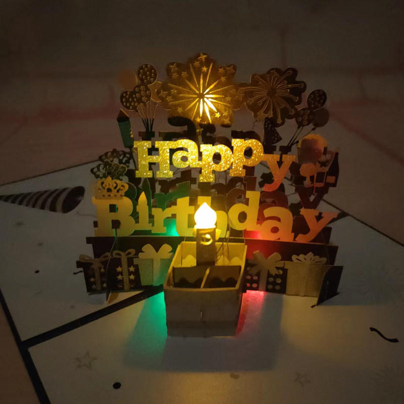 烫金金葱粉纸质雕刻3D立体贺卡七彩生日音乐灯光西式信封留言卡片