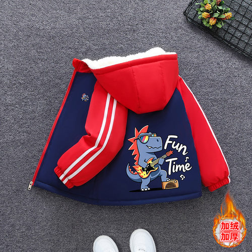 秋冬款男童加绒加厚外套连帽恐龙印花棉服中大童吉他图案保暖上衣