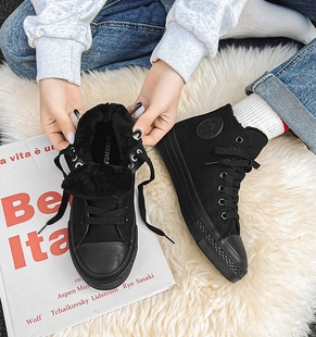 帆布鞋冬季加绒二棉鞋女款2023新款低帮全黑色保暖情侣款工作鞋潮