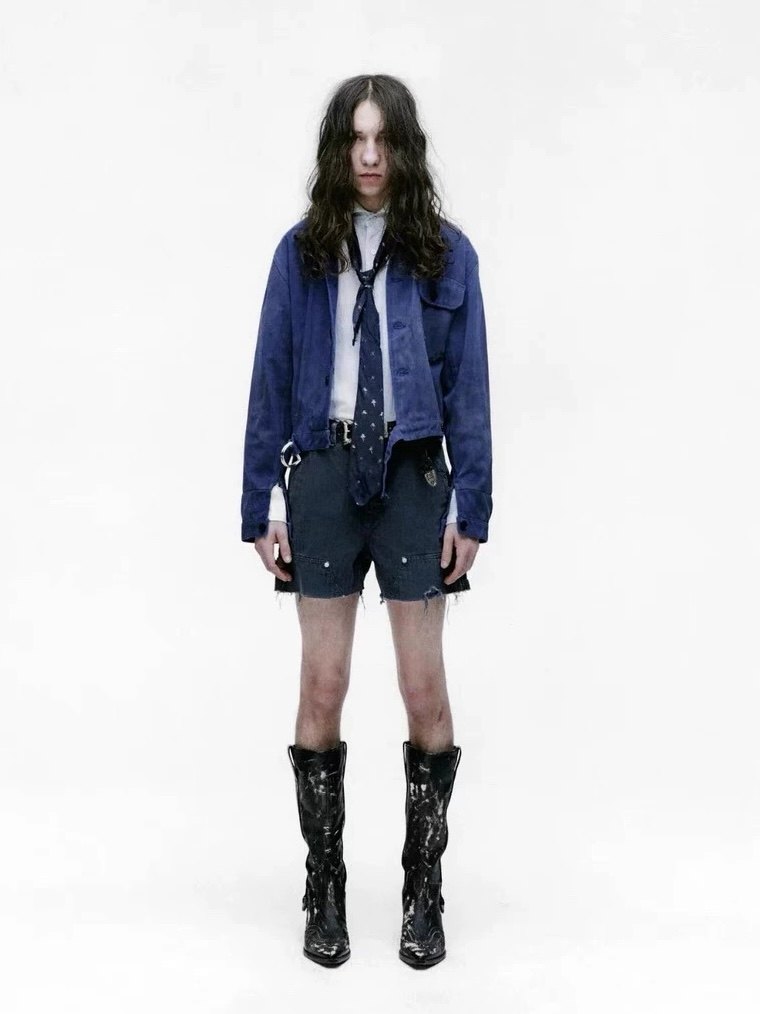 thumbnail for ERD 25SS Melancholic Rich II Blue French Distressed Cargo Jacket Boxy Fit Cropped Jacket