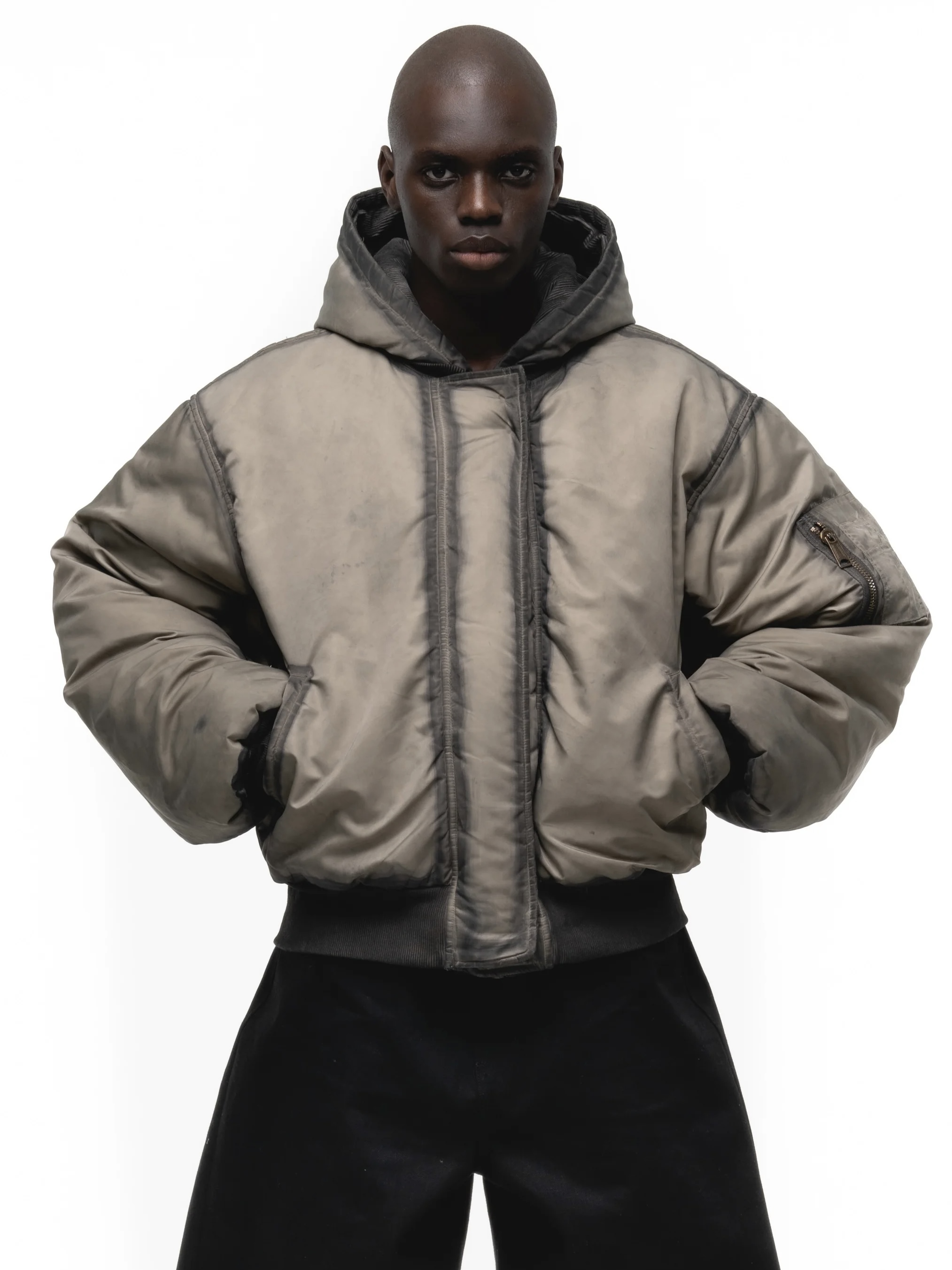 thumbnail for No faith studios heavy washed mud dyed distressed Bomber cotton jacket with a hooded silhouette jacket on both sides