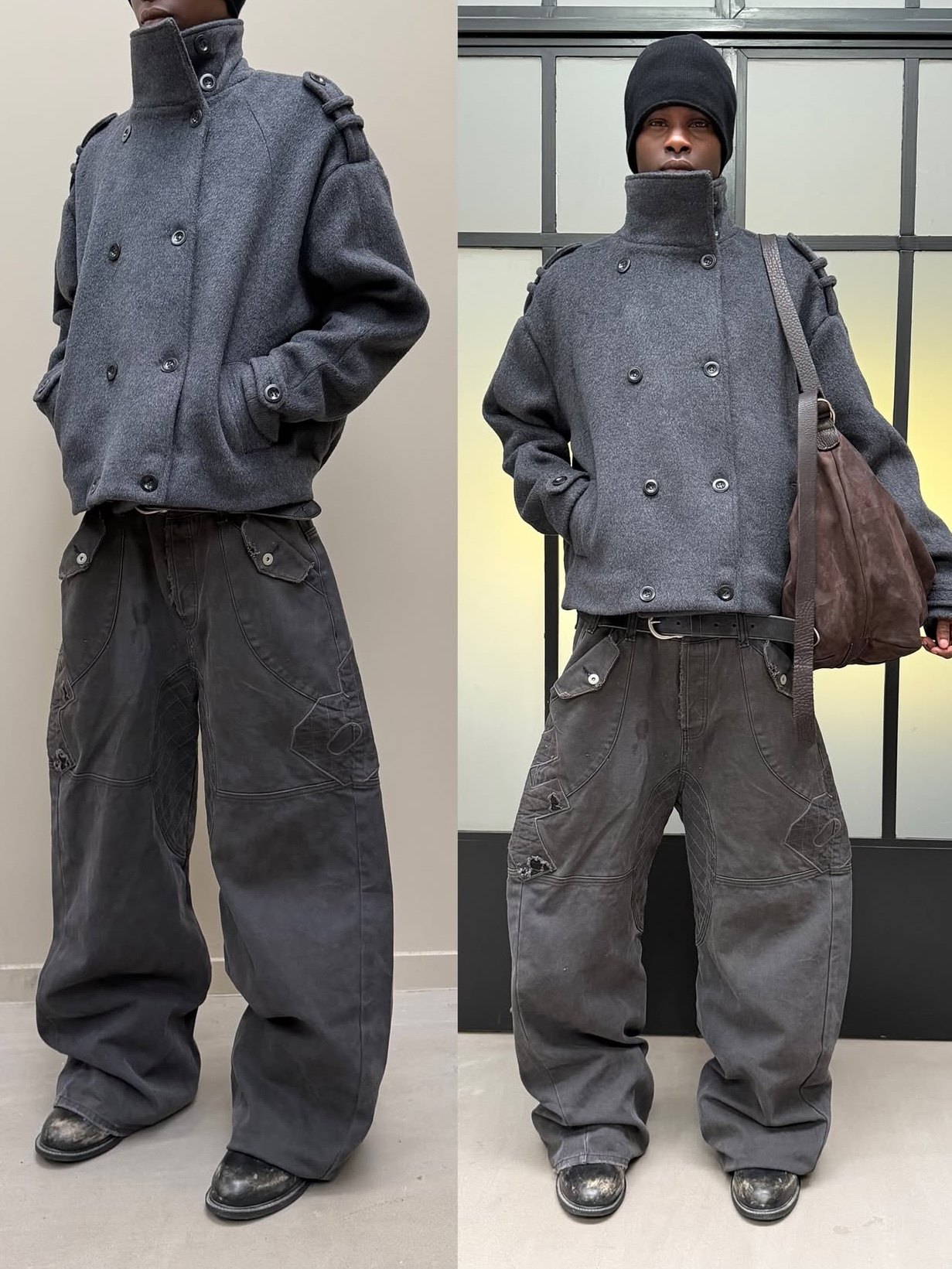 thumbnail for No faith studios Black and Grey Double Row Button Stand Collar Wool Jacket MARINE JACKET