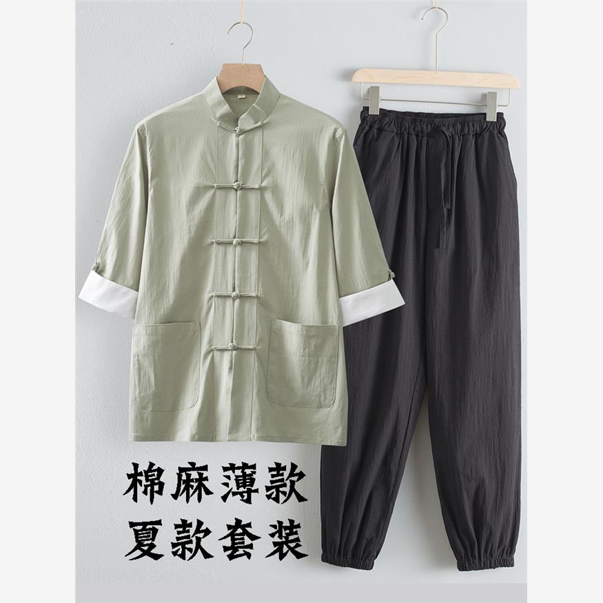 中式唐装男女同款夏季薄款中国风居士禅修打坐汉茶服t恤短袖套装